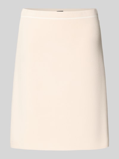 Produktfoto, knielange A-lijn damesrok in lichte beige, glad oppervlak, logo-detail, Knielanger Rock aus Viskose-Mix van Marc Cain.