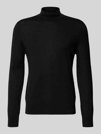 Produktfoto, Slim Fit Rollkragenpullover aus Wolle von Profuomo in Schwarz, glatte Textur, lange Ärmel, reine Wolle, Herrenmodell, Rückenlänge 69 cm, Ärmellänge 65 cm