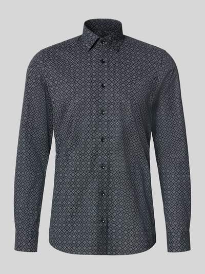 Productfoto, donkerblauw zakelijk overhemd met fijn geometrisch patroon, gladde katoenstructuur, Body Fit Businesshemd uit zuivere katoen van OLYMP Level 5