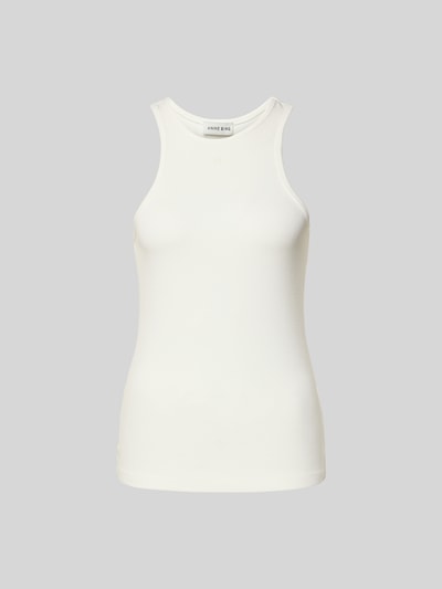 Produktfoto, Slim Fit Top aus Viskose-Mix von Anine Bing in Weiß mit Rundhalsausschnitt, Strukturmuster und Ärmelloses-Design, Rückenlänge 59 cm bei Größe S.