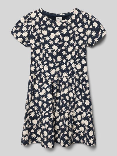Produktfoto, Leicht ausgestelltes Freizeitkleid aus Baumwoll-Mix von s.Oliver RED LABEL, Optik:Allover-Muster mit weißen Blumen auf dunklem Grund, Passform: Leicht, Rundhals, Kurzarm