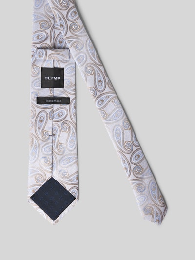Produktfoto, Seidenkrawatte im Allover-Look (7,5 cm) von OLYMP in klassischer Form mit Label-Detail, reine Seide, Handmade, Breite 8 cm, feine Paisley-Muster in Beige und Hellblau auf glattem Stoff.