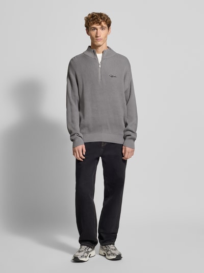 Pegador Oversized Strickpullover mit Label-Stitching Mittelgrau Melange 1