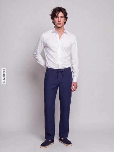 Männermodel trägt weißes Slim Fit Businesshemd aus Baumwoll-Modal-Mix Modell 'Light Spread Kent' von Seidensticker, Herren Businesshemd, Ganzkörperansicht von vorne, KI-modifiziertes Bild.