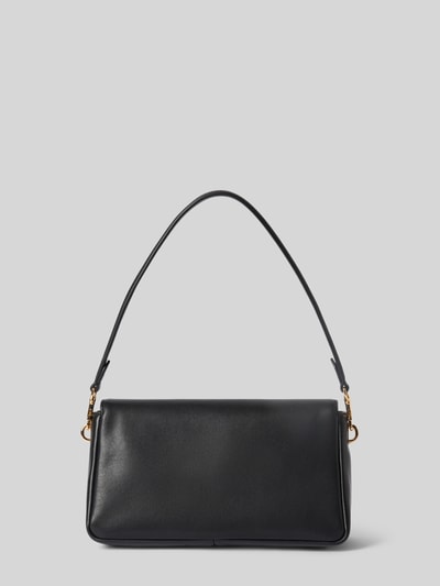 Produktfoto, Handtasche mit Klickverschluss und Tragehenkel von Tory Burch in Schwarz, glatte Oberfläche, Überschlag, Hauptfach, Innenfach mit Reißverschluss, Schulterriemen, Maße: Breite 24 cm, Länge 13 cm, Tiefe 8 cm, Länge Schulterriemen 122 cm.