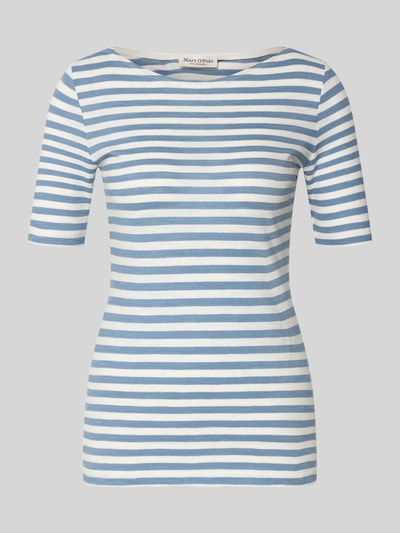 Produktfoto, Slim Fit T-Shirt aus reiner Baumwolle von Marc O'Polo mit Allover-Streifenmuster in Blau und Weiß, Logo-Print, feine Struktur