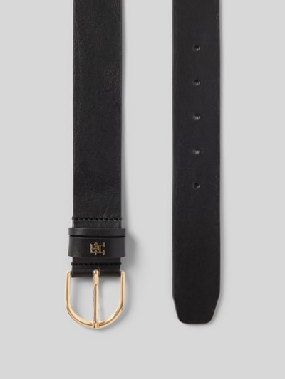 Produktfoto, schwarzer Gürtel aus echtem Rindsleder Modell 'EFFORTLESS 3.0' von Tommy Hilfiger mit goldener Dornschließe und Metall-Logo, Glattleder-Oberfläche