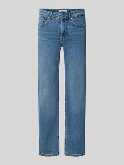 Produktfoto, Straight Fit Jeans im 5-Pocket-Design von REVIEW in mittelblau, elastischer Bio-Baumwoll-Mix, glatte Textur, Kontext: Damen Jeans von REVIEW, Elastischer Bio-Baumwoll-Mix, Straight Fit, Knopf- und Reißverschluss, 5-Pocket-Design, Bundweite bei Größe 27: 34 cm, Innenbeinlänge bei Größe 27: 73 cm