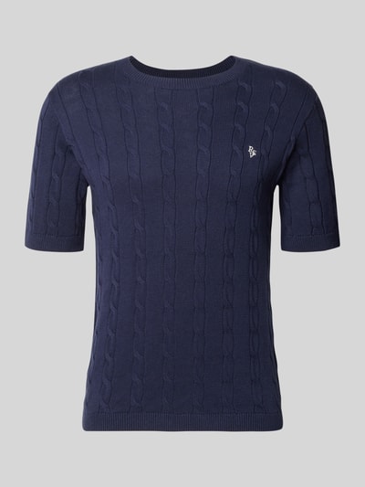 Produktfoto, Slim Fit T-Shirt in Strick-Optik von REVIEW, Herren T-Shirt aus Reine Baumwolle, Rundhalsausschnitt, Logo-Stitching, Rückenlänge 59 cm bei Größe M, dunkelblau, dezente Struktur mit feinem Strick-Muster.