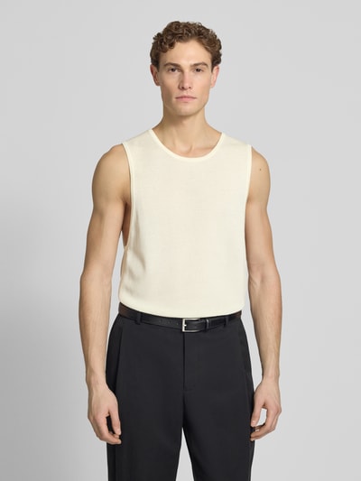 Mannelijk model draagt Top met ronde hals van Antony Morato in ecru, materiaalmix met viscose, recht model, elastische zoom, ruglengte maat M 66 cm, geheelvooraanzicht.