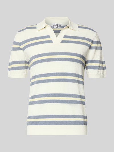 Produktfoto, Slim Fit Poloshirt in Strick-Optik von JAKE*S STUDIO MEN im Material-Mix mit Baumwoll-Anteil, cremeweiß mit blaugrauen und hellgelben Streifen, Polokragen, kurzärmeliges Design.