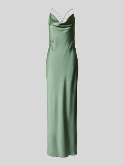 Produktfoto, Regular Fit Abendkleid mit Rückenausschnitt von Unique aus glatter Satyna, zielony kolor, cienkie ramiączka, krój regular fit, długość tyłu w rozmiarze 36: 128 cm, szerokość w rozmiarze 36: 40 cm