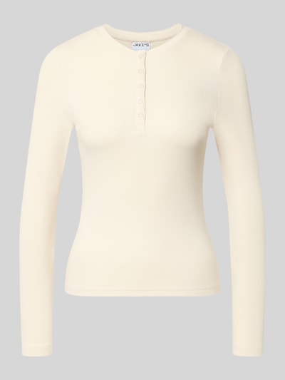 Produktfoto, Slim Fit Langarmshirt aus Baumwoll-Mix von Jake*s Casual in Creme, strukturierte Oberfläche, schlanke Form, runde Knopfleiste.
