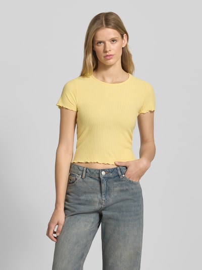 Only T-shirt o kroju regular fit z efektem prążkowania Jasnożółty 4