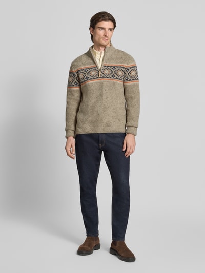 RAGMAN Sweter z mieszanki wełny z norweskim wzorem i kołnierzem zapinanym Jasnoszary 1