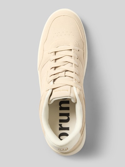 Productfoto, Sneaker met vetersluiting en labeldetails model 'ATH' van Bruno Banani, afgeronde punt, beige tinten, hakhoogte maat 44: 5 cm, schachthoogte: 7 cm, schachtbreedte: 7 cm, textuur mix van glad en suède, zicht van bovenaf