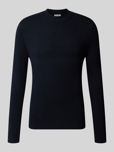 Produktfoto, Slim Fit Strickpullover aus Viskose-Mix mit Stehkragen von Antony Morato, schwarze Farbe, gerippte Abschlüsse, Kontext: Herren Strickpullover, Rückenlänge 65 cm, Ärmellänge 64 cm