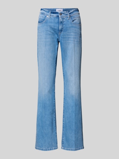 Produktfoto, Flared Fit Jeans aus Baumwoll-Mix Modell 'PARIS' von Cambio in hellblauem Denim, sichtbare Gürtelschlaufen und 5-Pocket-Design