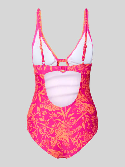 Produktfoto, Slim Fit Badeanzug mit Schlüssellochausschnitt Modell 'Kensi' von VENICE BEACH im floralen Allover-Print mit Cut-Out und elastischem Material-Mix, Rückseite mit verstellbaren Schulterriemen in Pink-Orange-Tönen