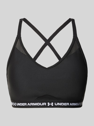 Produktfoto, schwarzer Sport-BH mit Label-Schriftzug Modell 'UA Crossback Low Bra' von Under Armour, Damen Sport-BH von Under Armour, glatte Oberfläche, elastisches Unterband