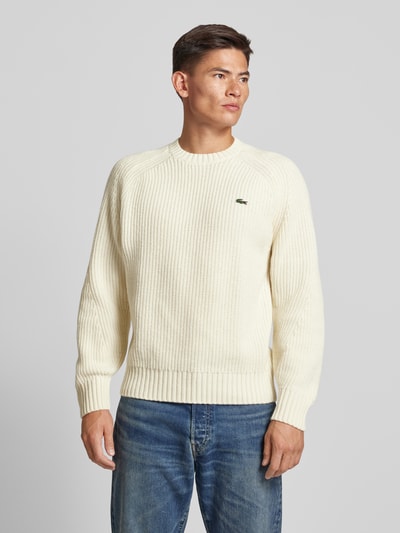 Lacoste Gebreide pullover van wol met logopatch, model 'BEADED' Offwhite - 4