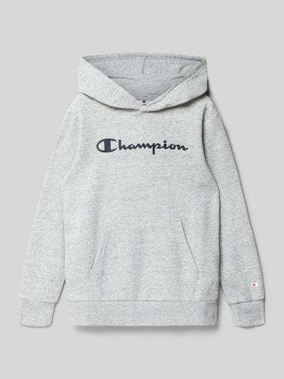 Produktfoto, grauer Hoodie aus Baumwoll-Mix von CHAMPION mit Kapuze, Känguru-Tasche, gerader Passform und Label-Print auf Brust, elastische Abschlüsse.