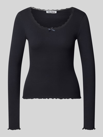 Produktfoto, Longsleeve mit Spitzenbesatz und Rundhalsausschnitt von REVIEW im Slim Fit, schwarz, Ripp-Optik, Baumwoll-Elasthan-Mix