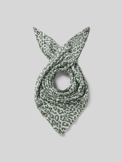 Produktfoto, Kaschmirtuch aus reinem Kaschmir von Lala Berlin mit Dreiecksform, Allover-Animal-Print, Strick-Optik, Logo-Detail, grün-graue Farbtöne
