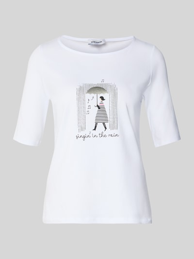 Produktfoto, wit Regular fit T-shirt met strasssteendecoratie model 'Januar' van More & More, elastische katoenmix met modal, halve mouw, ronde hals, achterlengte maat 36: 61 cm