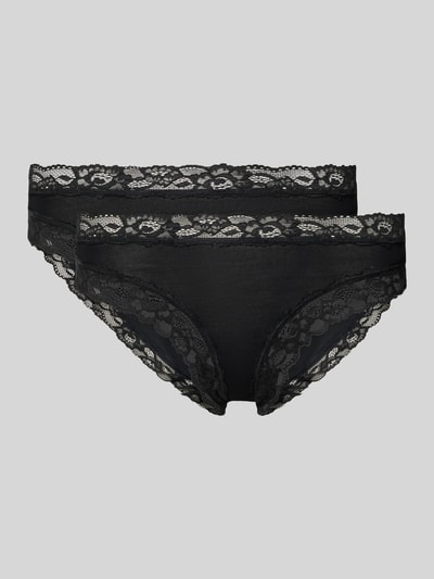 Produktfoto, schwarzer Damen Slip Slim Fit Slip mit Spitzenbesatz Modell 'Rio' von Skiny aus elastischem Micromodal-Mix vor grauem Hintergrund.