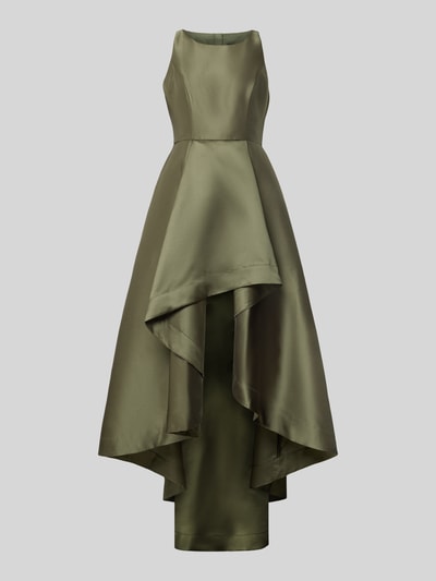 Produktfoto, Abendkleid aus Satin von Adrianna Papell in Olivgrün, Vokuhila-Design, taillierte Passform, Rundhalsausschnitt, ärmellos