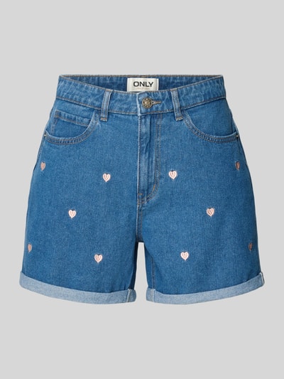 Produktfoto, High Waist Jeansshorts aus reiner Baumwolle Modell 'VEGA' von Only, Denim-Optik, Regular-Fit, Stickerei, Kontrastnähte, Knopfverschluss, Bundabschluss mit Umschlag, 5-Pocket-Design, Material aus reiner Baumwolle