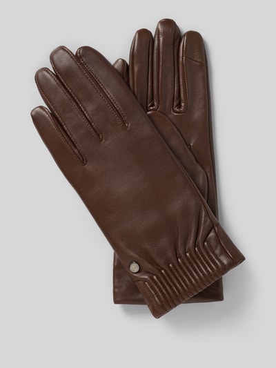 Produktfoto, Handschuhe aus echtem Leder Modell 'Arizona' von Roeckl, braun mit Raffungen und Logo-Detail, glatte Textur, Damen Handschuhe