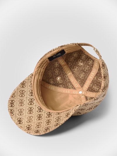 Produktfoto, Base Cap mit Allover-Logo-Print Modell 'Katya' von GUESS in Beige mit GUESS-Logos, Textur in Stoffoptik, Logo-Applikation, Snapback.