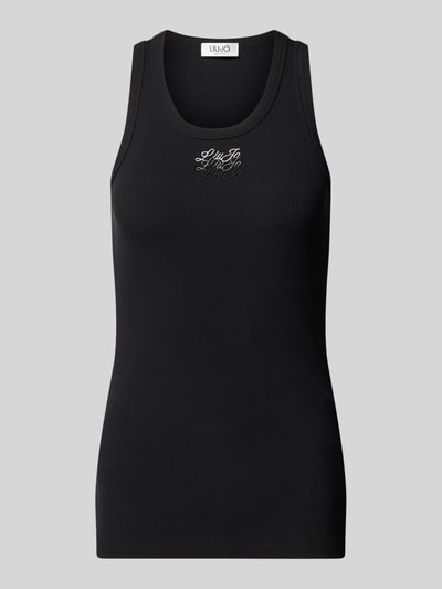 Produktfoto, Slim Fit Top uit katoenmix Model 'Costina' van Liu Jo White, zwart met gestikt logo, ruglengte maat S: 61 cm