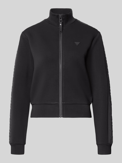 Produktfoto, schwarze Regular Fit Sweatjacke aus Viskose-Mix von Guess Activewear mit Stehkragen, Reißverschluss und Logo-Applikation