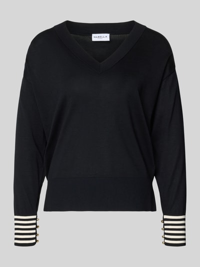 Produktfoto, Regular Fit Pullover aus reinem Lyocell in Strick-Optik von Marella, czarny sweter z lyocellu, imitacja dzianiny, dekolt w serek, szerokie elastyczne wykończenia, ozdobne guziki, damski, długość tyłu 57 cm, długość rękawów 53 cm