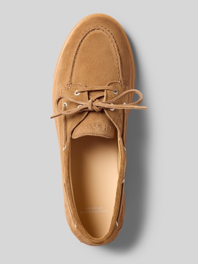Produktfoto, Loafer mit Logo-Detail von Copenhagen in Velours-Optik, abgerundete Passform, glatte Sohle, brauner Farbton, Draufsicht.
