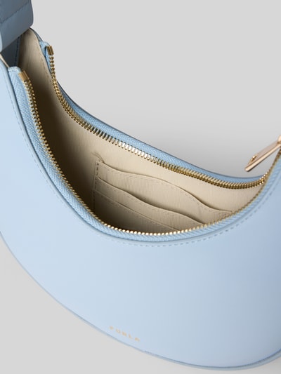 Produktfoto, Handtasche aus Leder mit Label-Detail Modell 'DELIZIA MINI' von FURLA in Hellblau mit Hauptfach, Reißverschluss, beigem Innenfutter und Kartenfächern, Maße 18x20x3 cm, Schulterriemen 35 cm