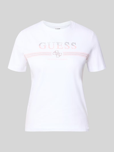 Produktfoto, weißes T-Shirt mit Strasssteinbesatz Modell 'SIENA' von Guess, Logo-Print, gerade Form, Baumwoll-Mix mit Stretch-Anteil