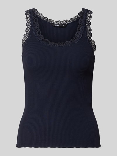 Produktfoto, dunkelblaues Slim Fit Tanktop aus Baumwoll-Mix Modell 'SARA SHARAI' von ONLY mit Spitze, Damen Tanktop von ONLY
