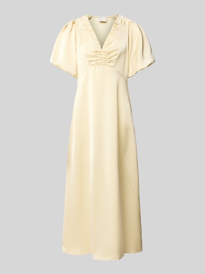 Neo Noir Midi-jurk met V-hals en pofmouwen, model 'Illana' Pastelgeel - 2