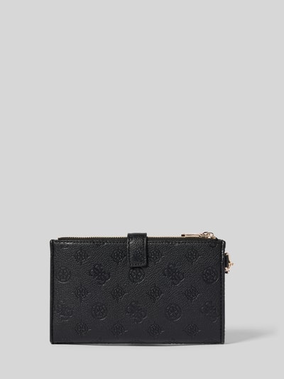 Produktfoto, schwarzes Portemonnaie mit Allover-Logo-Details von Guess, Modell 'Anise', Hauptfach mit Reißverschluss, glatte Textur.