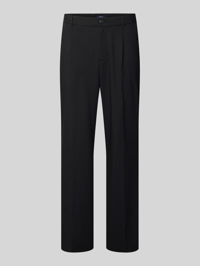 Produktfoto, Straight Fit Hose mit Viskose-Anteil von MCNEAL, czarne spodnie z elastyczna mieszanka materiałów, zakładki w pasie, kieszenie z tyłu, zapięcie na guzik i zamek błyskawiczny, szerokość w rozmiarze M 41 cm, długość wewnętrzna nogawki 75 cm