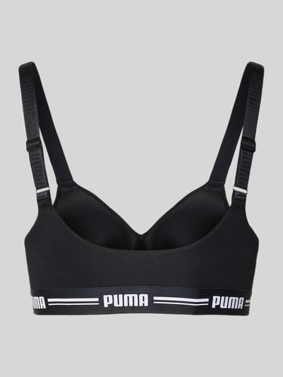 Produktfoto, Bralette mit Logo-Bund von PUMA in Schwarz, Baumwollmischung mit Modal- und Stretch-Anteil, Herzausschnitt, wattierte Cups, verstellbare Träger, elastischer Logo-Bund.