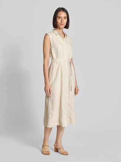 ICHI Hemdblusenkleid aus Leinen-Viskose-Mix mit Bindegürtel Beige 1