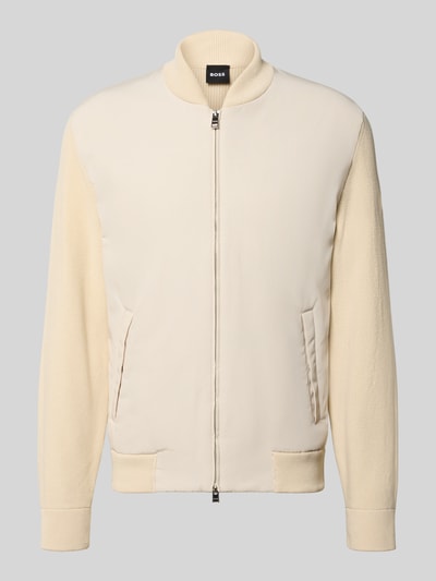 Produktfoto, Regular Fit Strickjacke aus Baumwoll-Mix Modell 'C-UBAIO' von BOSS in Beige, unifarben, Rippstrick, Baseball-Kragen, verdeckter Reißverschluss