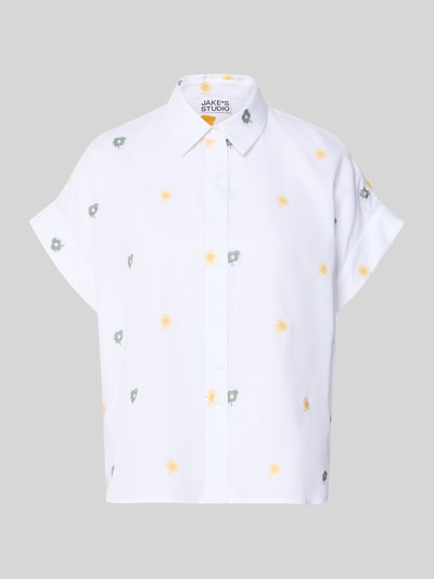 Produktfoto, Bluse mit Hemdblusenkragen und Knopfleiste von JAKE*S STUDIO WOMAN, biała z żółtymi i zielonymi wzorami, bawełna ekologiczna, prosty krój, krótki rękaw z zakładką, wydłużony tył, długość tyłu w rozmiarze 38: 64 cm, długość rękawów w rozmiarze 38: 5 cm