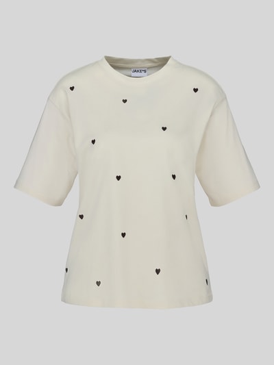 Produktfoto, T-Shirt mit 1/2-Arm von Jake*s Casual aus reiner Baumwolle, lockerer Schnitt, weiße Grundfarbe, kleine schwarze Herzen