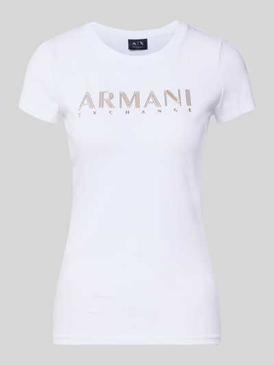Productfoto, wit Slim Fit T-shirt met labelprint, Mix van katoen en elastaan, ronde hals, Ruglengte bij maat S 54 cm, Slim Fit T-Shirt met Label-Print van Armani Exchange